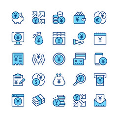 Yen line icons. Set of japanese yen icons. Blue color. Vector line icons set