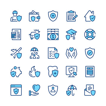 Insurance line icons. Set of insurance icons. Blue color. Vector line icons set