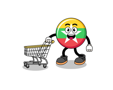 Cartoon Of Myanmar Flag Holding A Shopping Trolley