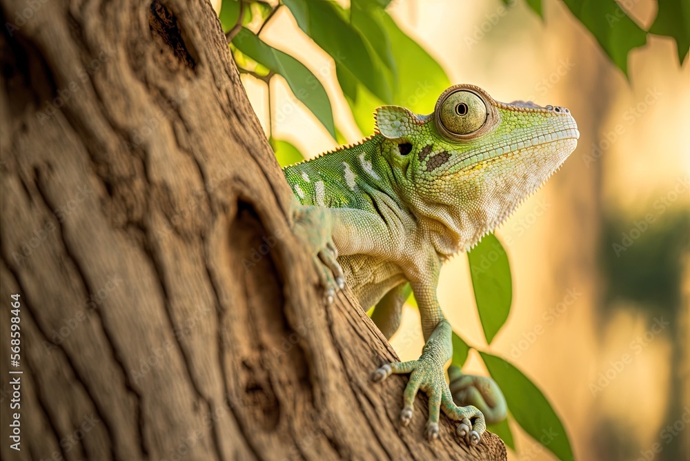 Poster in this close-up from the maltese islands, a chameleon from the mediterranean is seen making its way