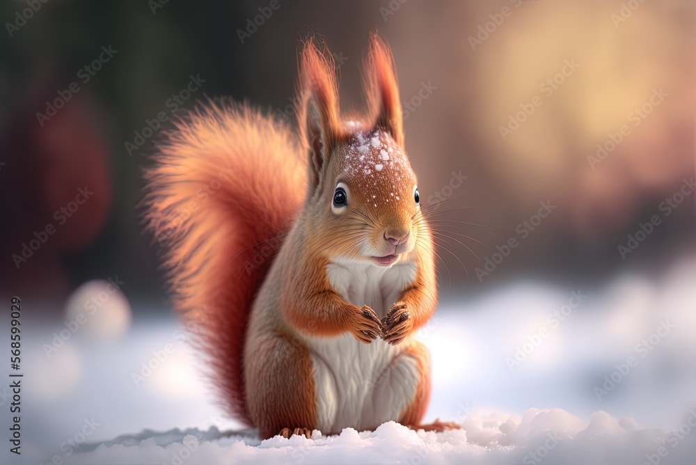 Poster the backdrop of this close-up of a squirrel in the snow is blurred to emphasize the subject. generat