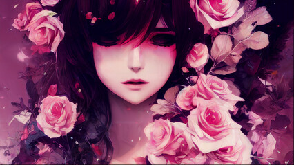 A haunting portrait illustration of a woman surrounded by pink roses. Generative AI