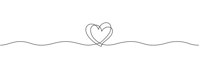 One continuous line drawing of couple hearts and love symbol. Thin curl border and romantic symbol in simple linear style. Editable stroke. Modern Doodle vector illustration © Olga Rai
