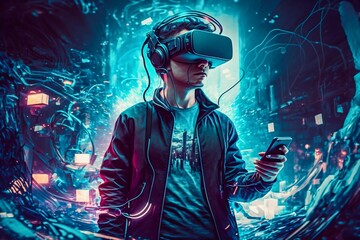 Fototapeta na wymiar Man with VR headset in metaverse. Generative AI