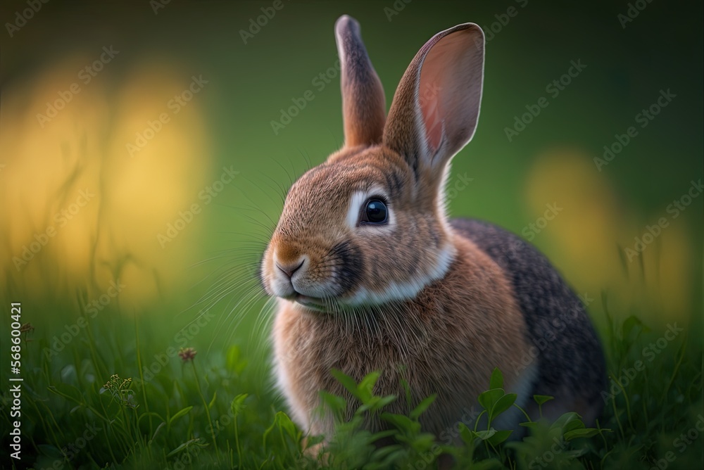 Poster picture of a rabbit in the grass, with the backdrop blurred and the rabbit in focus. generative ai
