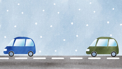 雪の日に走る車　冬の水彩イラスト