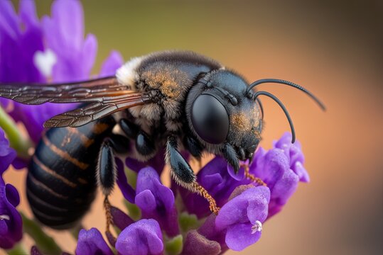 Image shows a male banded mud bee, Mechacile ericetorum, perched intently on a lathyrus odoratus flower in sharp focus. Generative AI