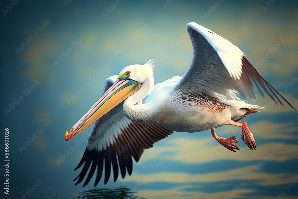 Poster a tight image of a pelican in flight generative ai