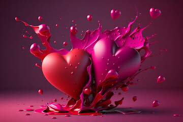 Splash of two hearts on red background. AI generated image