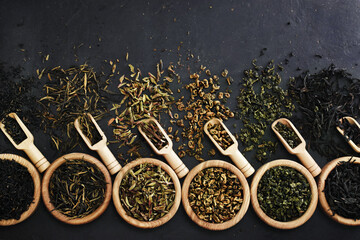 Colorful mix of tea varieties: red and black, green and white, oolong and herbal