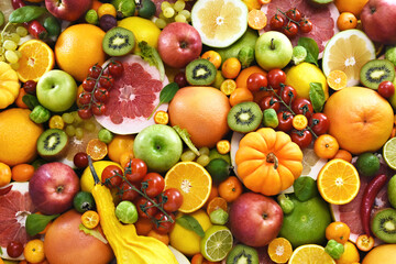 Fresh ripe bright colorful fruits and vegetables from market, summer farm harvest background, healthy diet vegetarian food	