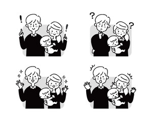 家族の表情セット　上半身　モノクロ