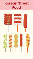 Korean street food icon illustration with Sticky rice cake, meat ball, and sausage