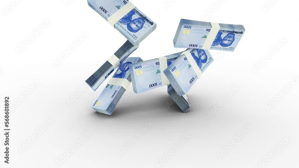 Poster 3d rendering of stack of new nigerian naira notes falling on greenscreen ground. you can key out or 