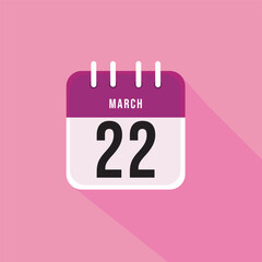 March day 22. Number twenty two on a white paper with pink border and background. Calendar sheet. Vector illustration.