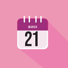  March day 21. Number twenty one on a white paper with pink border and background, calendar sheet. Vector illustration.