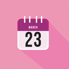 March day 23. Number twenty three on a white paper with pink border and background. Calendar sheet. Vector illustration.