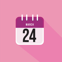 March day 24. Number twenty four on a white paper with pink border and background. Calendar sheet. Vector illustration.