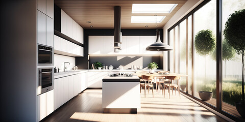 Minimalist Kitchen. Interior Design. Clean. Sustainable Space. Generative AI.