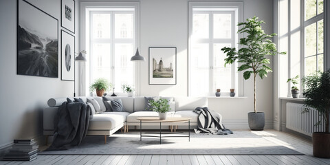 Minimalist living room, sustainable space, interior design, daylight. Generative AI.