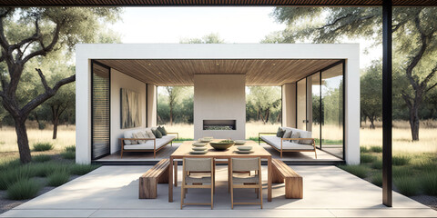 Outdoor entertaining space, minimalist, sustainable space, photo realistic, beautiful, daylight . Interior Design. Sustainable space. Generative AI.