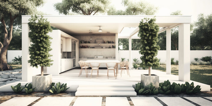Outdoor entertaining space, minimalist, sustainable space, photo realistic, beautiful, daylight . Interior Design. Sustainable space. Generative AI.