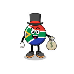 south africa flag mascot illustration rich man holding a money sack
