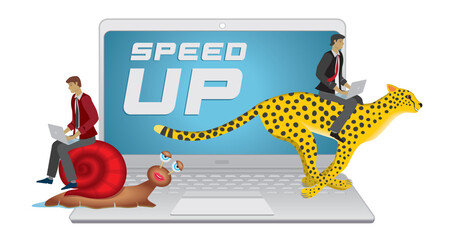 Race between cheetah and snail, riding businessmen. Laptop in background. Isolatedon white. Vector illustration.
