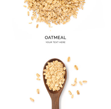 Creative layout made of oatmeal and wood spoon on a white background. Top view.  
