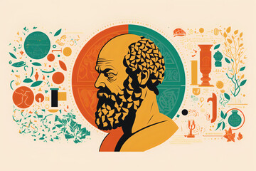 an illustration of Socrates, the ancient Greek philosopher, surrounded by symbols and motifs related to his philosophy and teachings. Depict him in a thoughtful and reflective posture. Generative AI. - obrazy, fototapety, plakaty