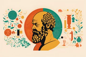 Fotobehang an illustration of Socrates, the ancient Greek philosopher, surrounded by symbols and motifs related to his philosophy and teachings. Depict him in a thoughtful and reflective posture. Generative AI. © Kristian