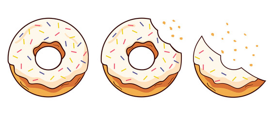 Glazed donut. Eat pink doughnut. Sequence steps of process. Vector flat 
