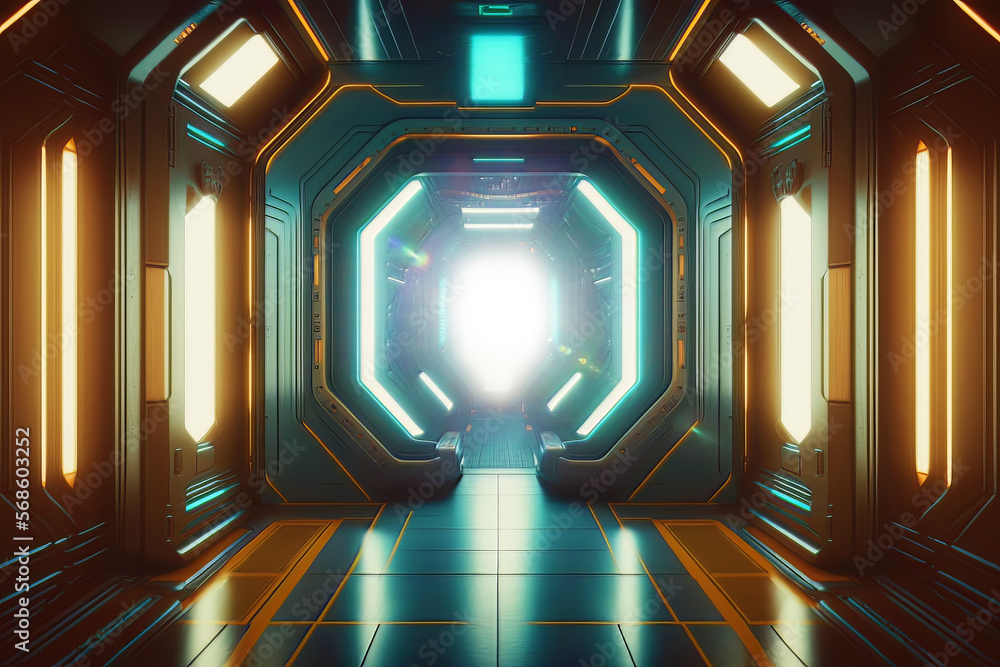 Poster spaceship futuristic sci-fi tunnel passageway with glowing shiny neon lights ,futuristic sci-fi back