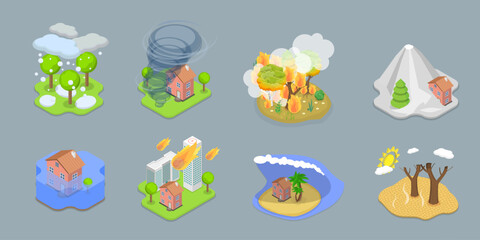 3D Isometric Flat Vector Conceptual Illustration of Climate Change, Natural Disasters Set