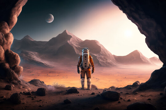 A long astronaut stranded on an alien planet. A high-tech astronaut looking out on deserted alien world with a world in the sky. The concept of space travel and exploration. Generative AI