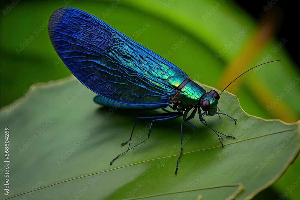 Poster image of a blue net-winged bug up close, perched on a leaf. generative ai