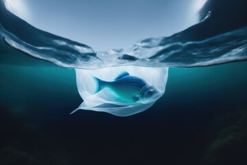 un poisson qui nage dans un sac plastique dans l'océan - generative Ai