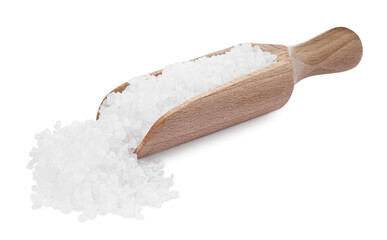 Fototapeta na wymiar Wooden scoop and heap of natural sea salt isolated on white