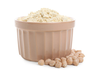 Chickpea flour in bowl and seeds isolated on white