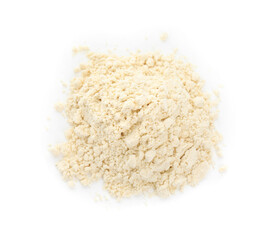 Pile of chickpea flour isolated on white, top view