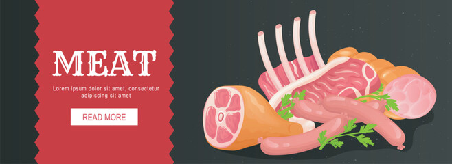 Meat horizontal web banner. Pork, beef, knuckle, ribs, sausage, steak, other fresh raw products in butcher market assortment. Vector illustration for header website, cover templates in modern design
