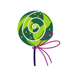 Green lollipop vector icon. Sweet striped candy on a stick. Tasty dessert made from sugar, caramel. Festive sour treat. Illustration isolated on white. Flat cartoon clipart for cards, posters, prints