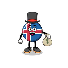 iceland flag mascot illustration rich man holding a money sack