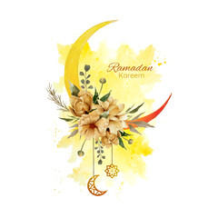 Watercolor of crescent moon for ramadan kareem greetings card with watercolor splash background and golden flowers ornament illustration.