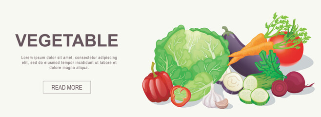 Vegetable horizontal web banner. Cabbage, pepper, garlic, cucumber, beet, carrot, tomato, eggplant, healthy fresh farm food. Vector illustration for header website, cover templates in modern design