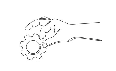 Continuous line drawing of hands holding metal gears. hand drawn metal gears concept in one line doodle style. suitable for technology marketing, industrial, automotive doodle style