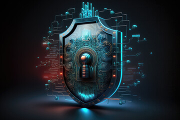 Fototapeta premium Digital cyber security shield for protection of private information and data concept. Locked firewall from hacker attack.