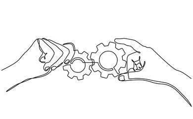 Continuous line drawing of two hands holding metal gears. hand drawn metal gears concept in one line doodle style. suitable for technology marketing, industrial, automotive doodle style