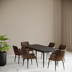 Dining room in warm tone - brown, beige, milky, ivory taupe colors. Black rectangular table and 6 tan mocha mousse 2025 color chairs. Template wall for art or text. 3d rendering