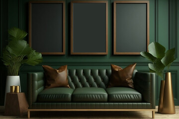 Three wooden frame mockups in a dark green home, green leather  couch, generative AI, 3D render